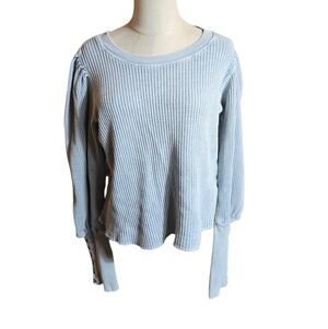 Free People One Gray Waffle Knit Puff Sleeve Top